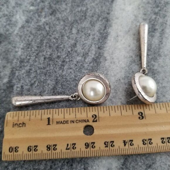 Vintage JS Post Earrings with Long Dangle Drop, Silver Tone, Retro, Estate - Picture 4 of 5